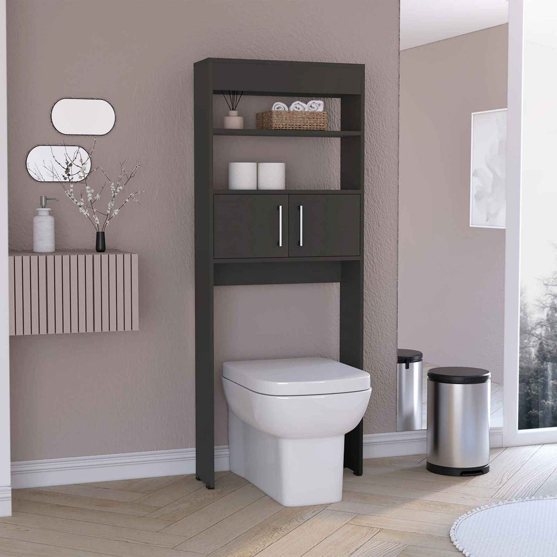 Over Toilet Cabinet with Double Doors and Two Shelves in Elegant Black