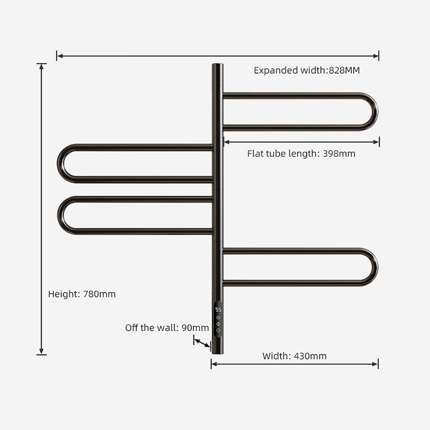 Overall dimensions and specifications of modern grey wall mounted bathroom towel heater