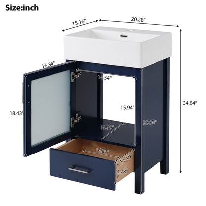 Overall dimensions of 20 inch blue dresser with frosted glass door