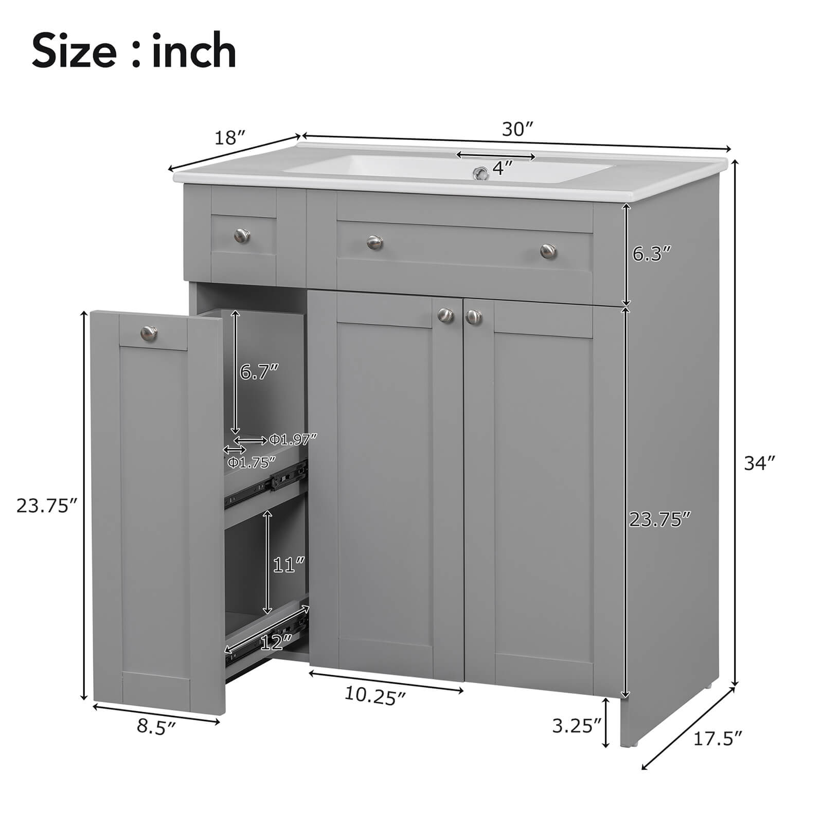 Overall dimensions of 30 inch grey bathroom vanity with soft close door