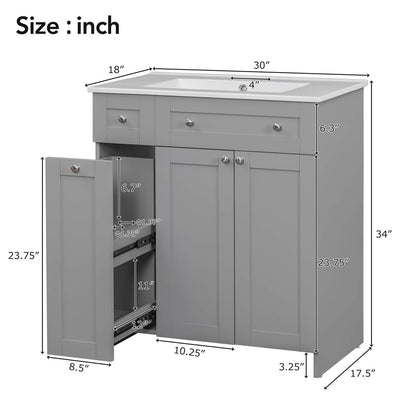 Overall dimensions of 30 inch grey bathroom vanity with soft close door