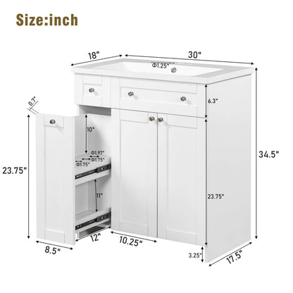 Overall dimensions of 30 inch white bathroom vanity with soft close door