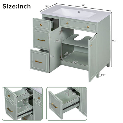 Overall dimensions of 36 inch light grey green bathroom vanity with adjustable shelves