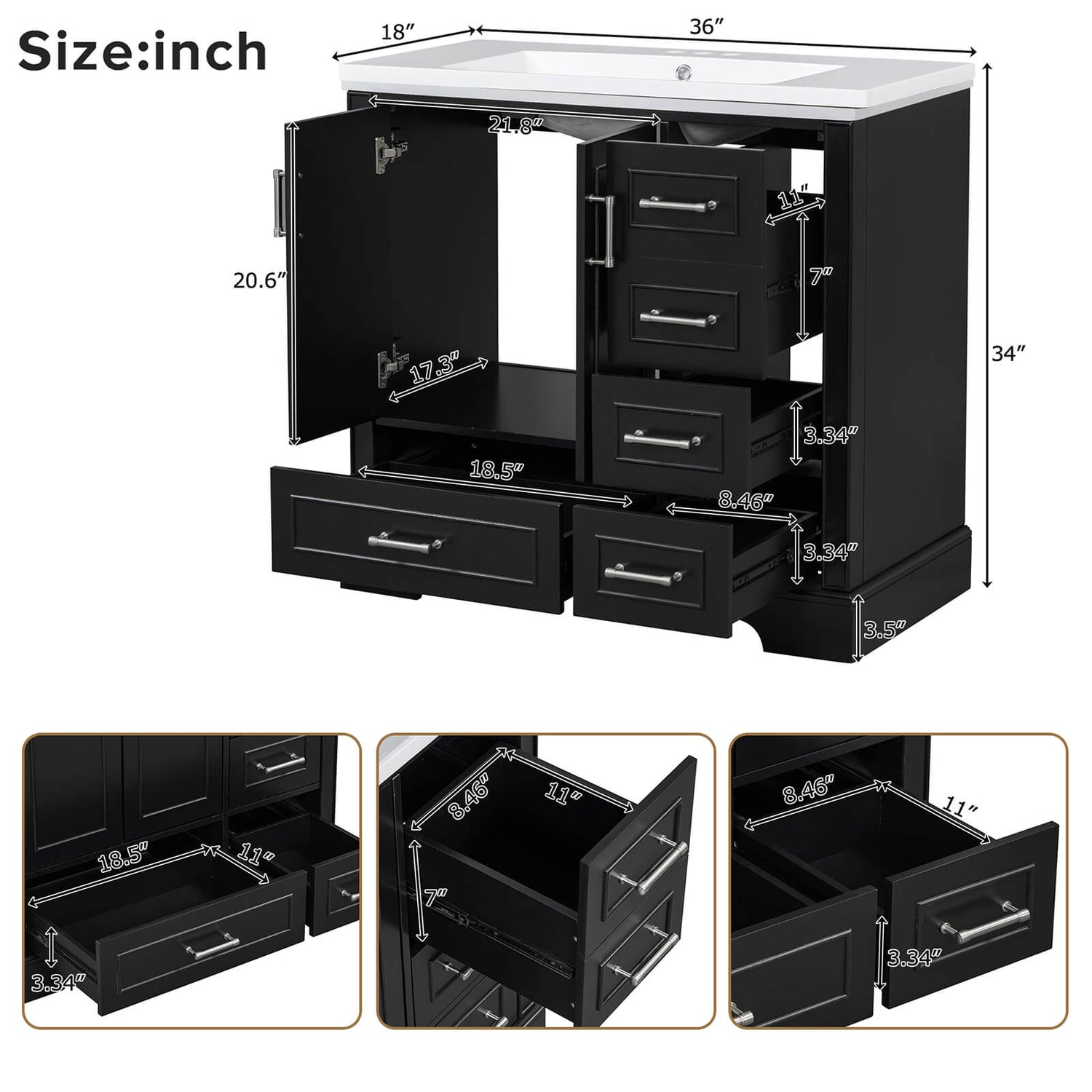 Overall dimensions of 36 inch traditional black bathroom vanity with resin sink