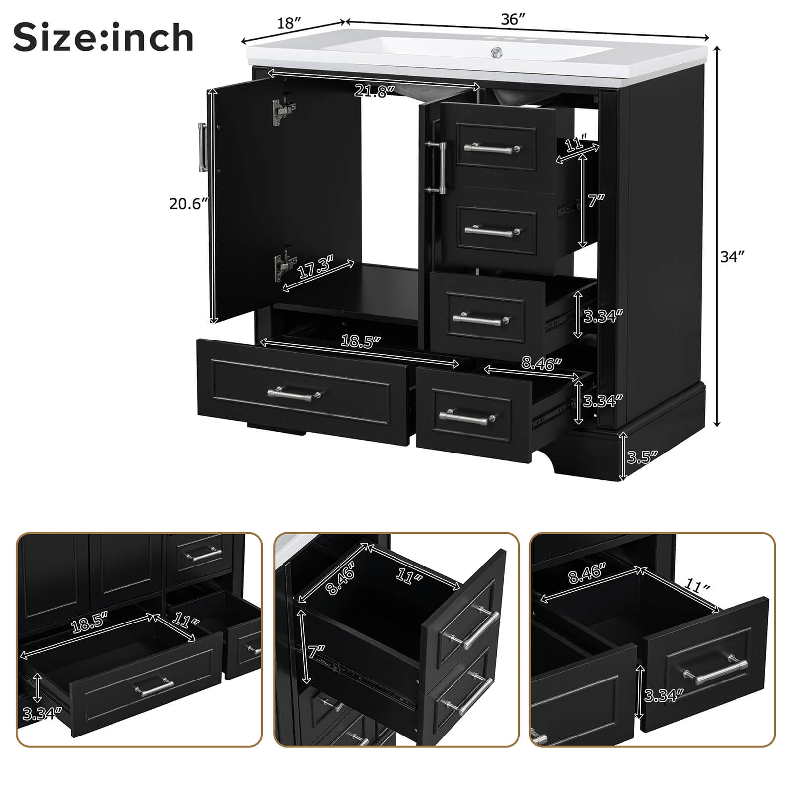 Overall dimensions of 36 inch traditional black bathroom vanity with resin sink