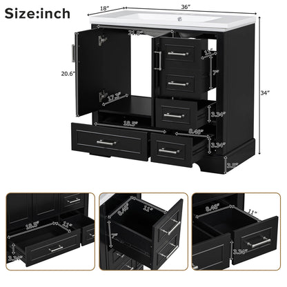 Overall dimensions of 36 inch traditional black bathroom vanity with resin sink