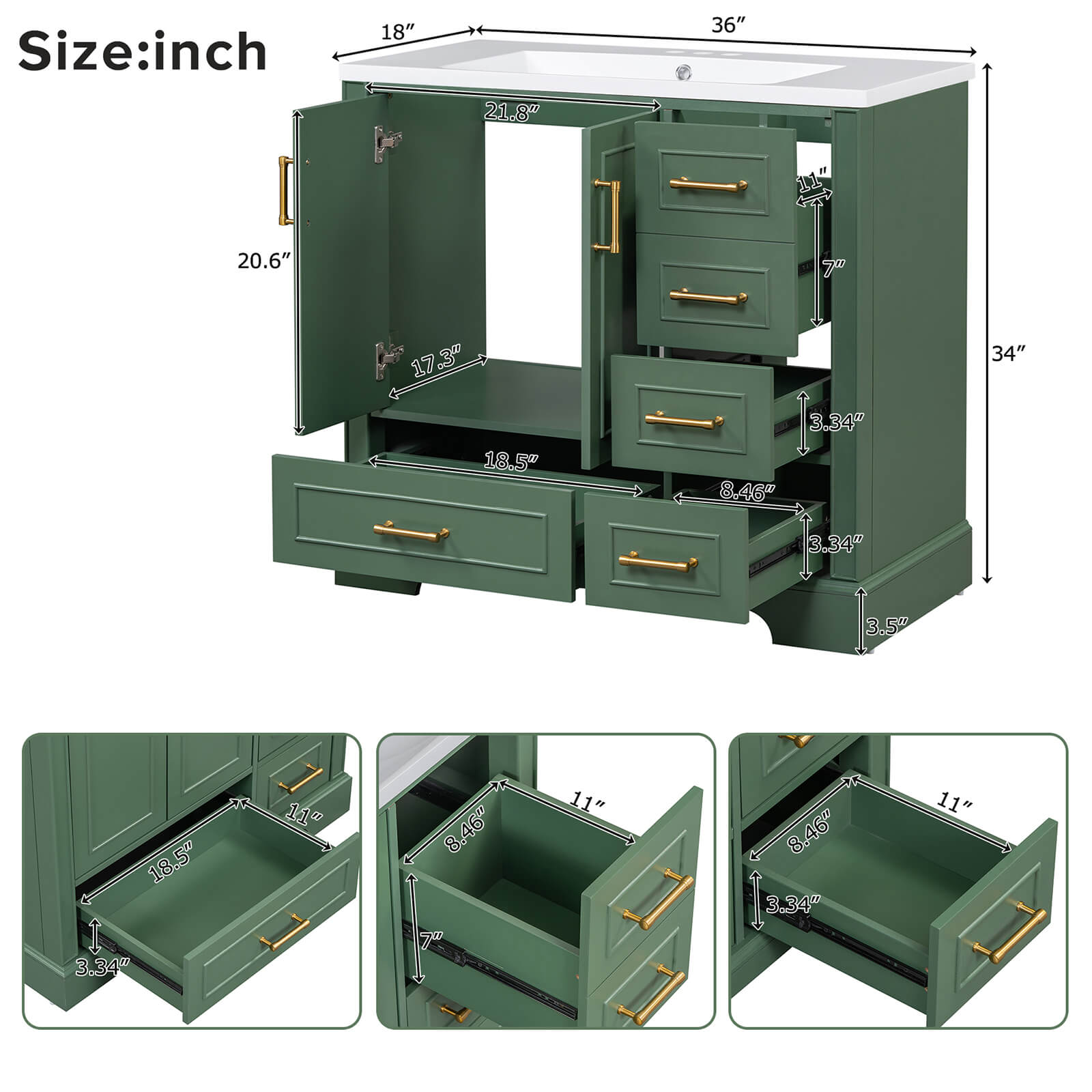 Overall dimensions of 36 inch traditional green bathroom vanity with resin sink