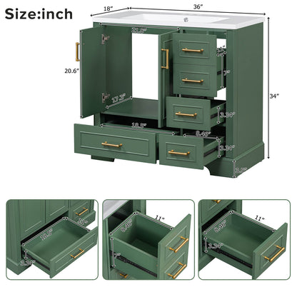 Overall dimensions of 36 inch traditional green bathroom vanity with resin sink