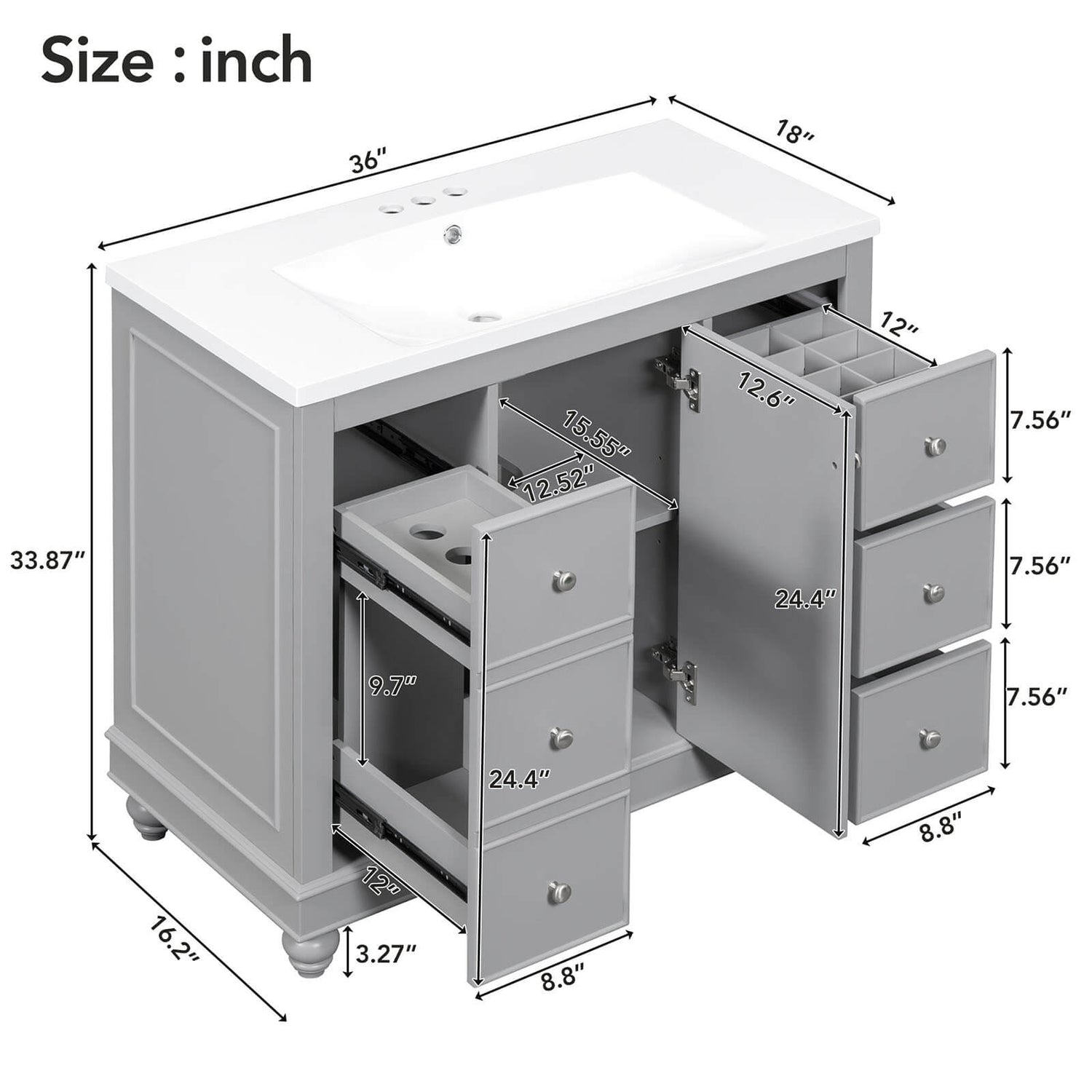 Overall dimensions of a 36 inch grey bathroom vanity with hairdryer storage rack
