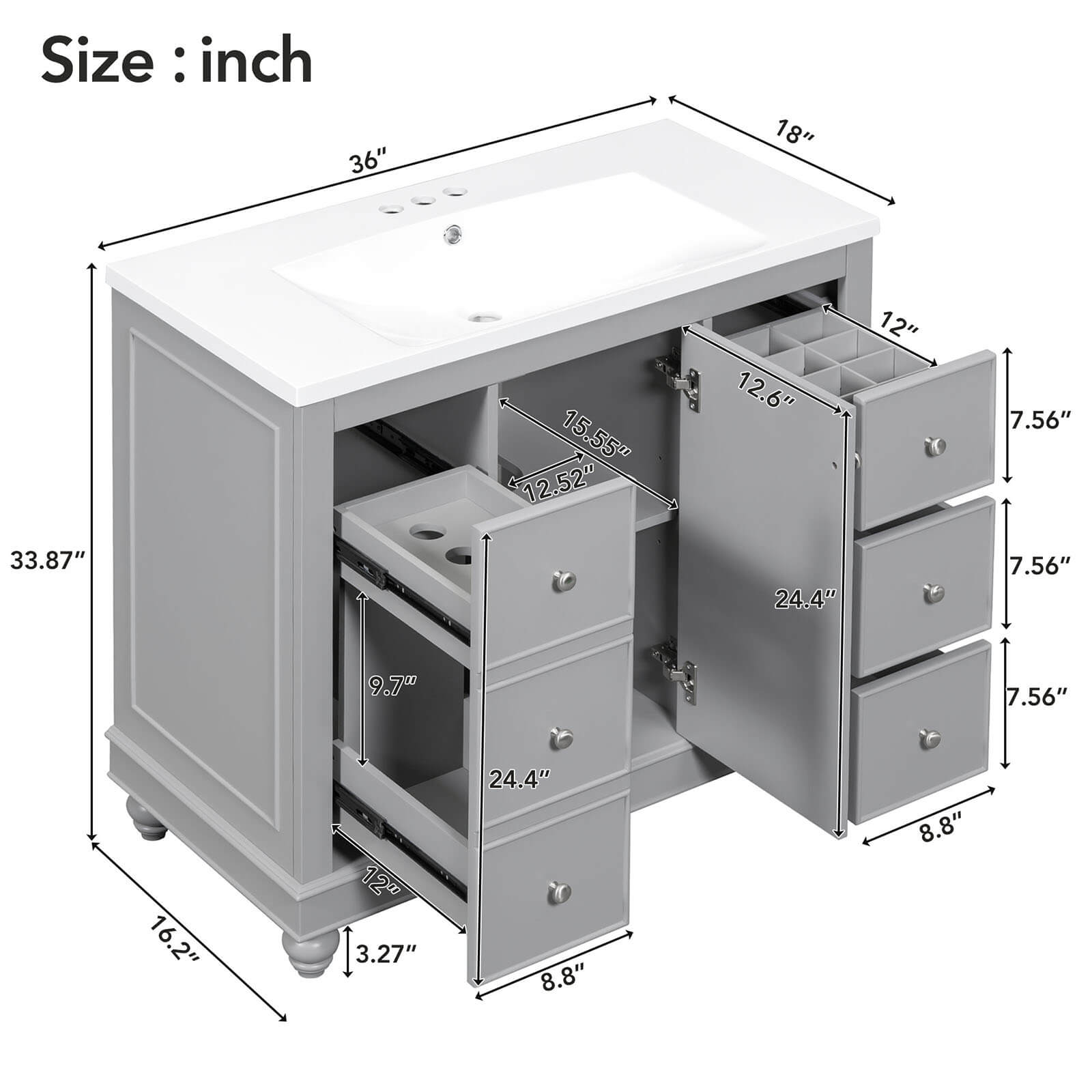 Overall dimensions of a 36 inch grey bathroom vanity with hairdryer storage rack
