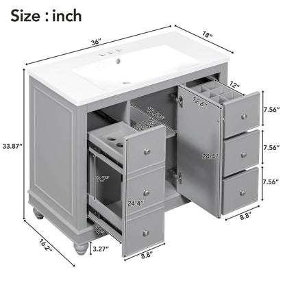 Overall dimensions of a 36 inch grey bathroom vanity with hairdryer storage rack
