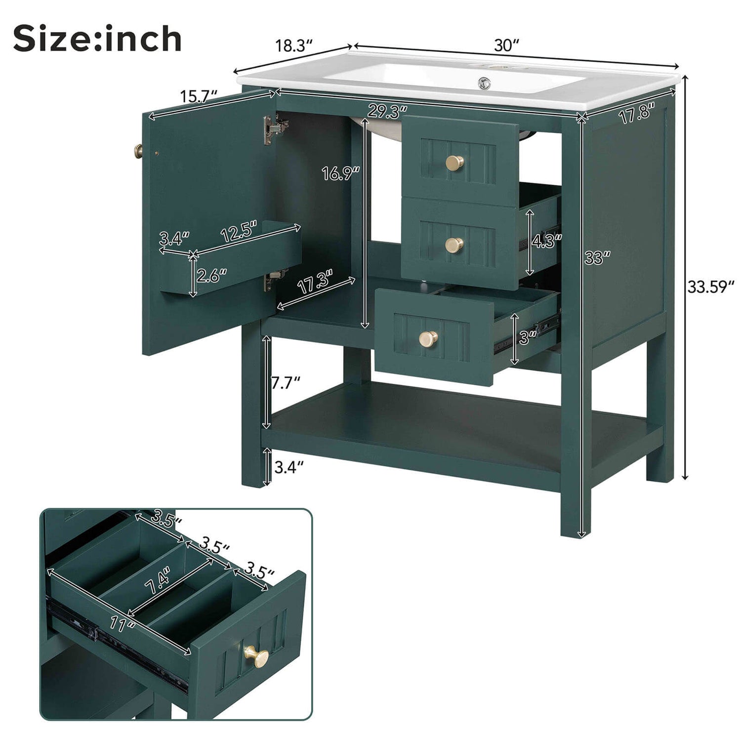 Overall dimensions outline of a 30 inch dark green freestanding bathroom vanity with open shelves