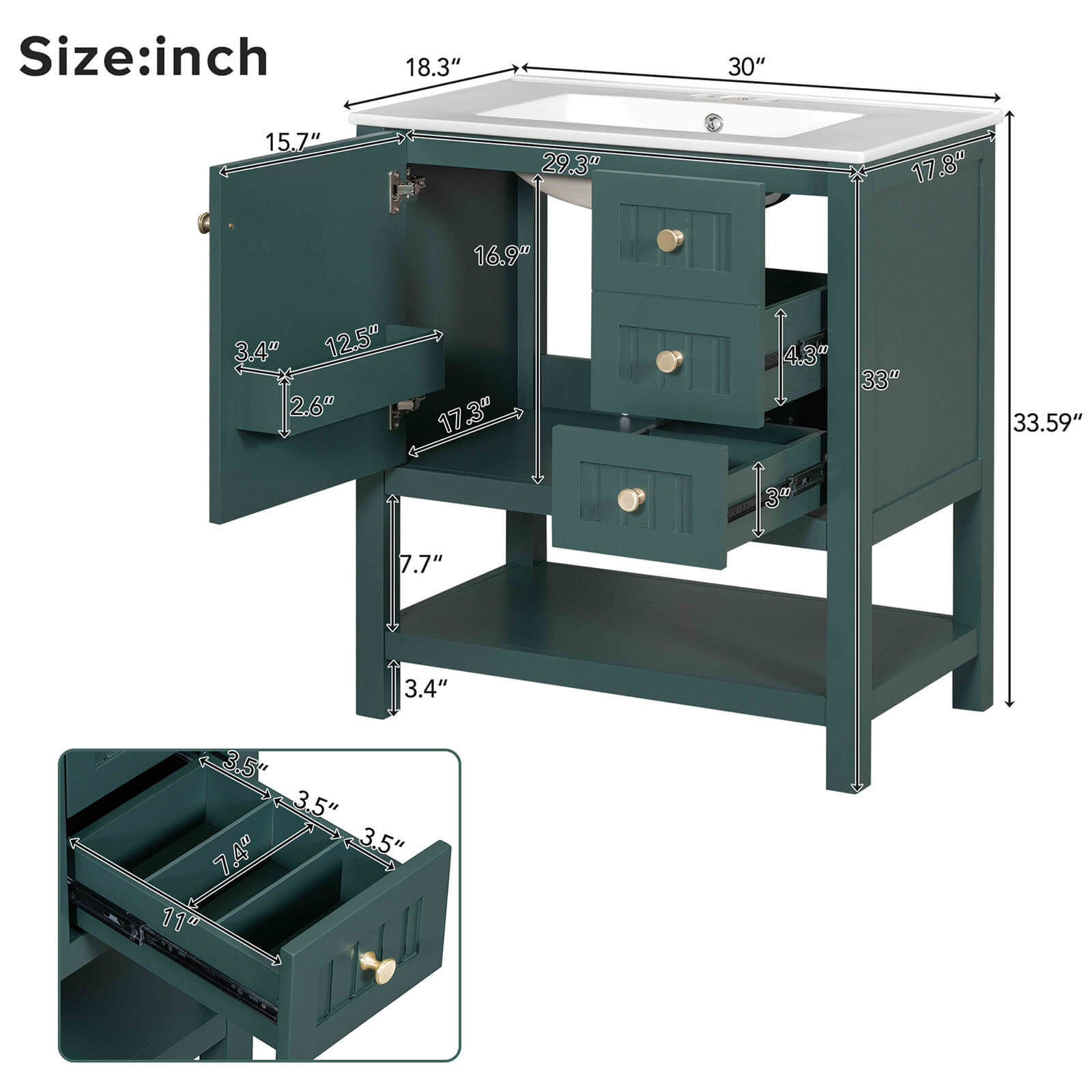 Overall dimensions outline of a 30 inch dark green freestanding bathroom vanity with open shelves