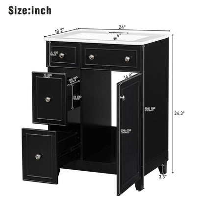 Overall dimensions specifications for a 24 inch small black bathroom vanity with 2 drawers