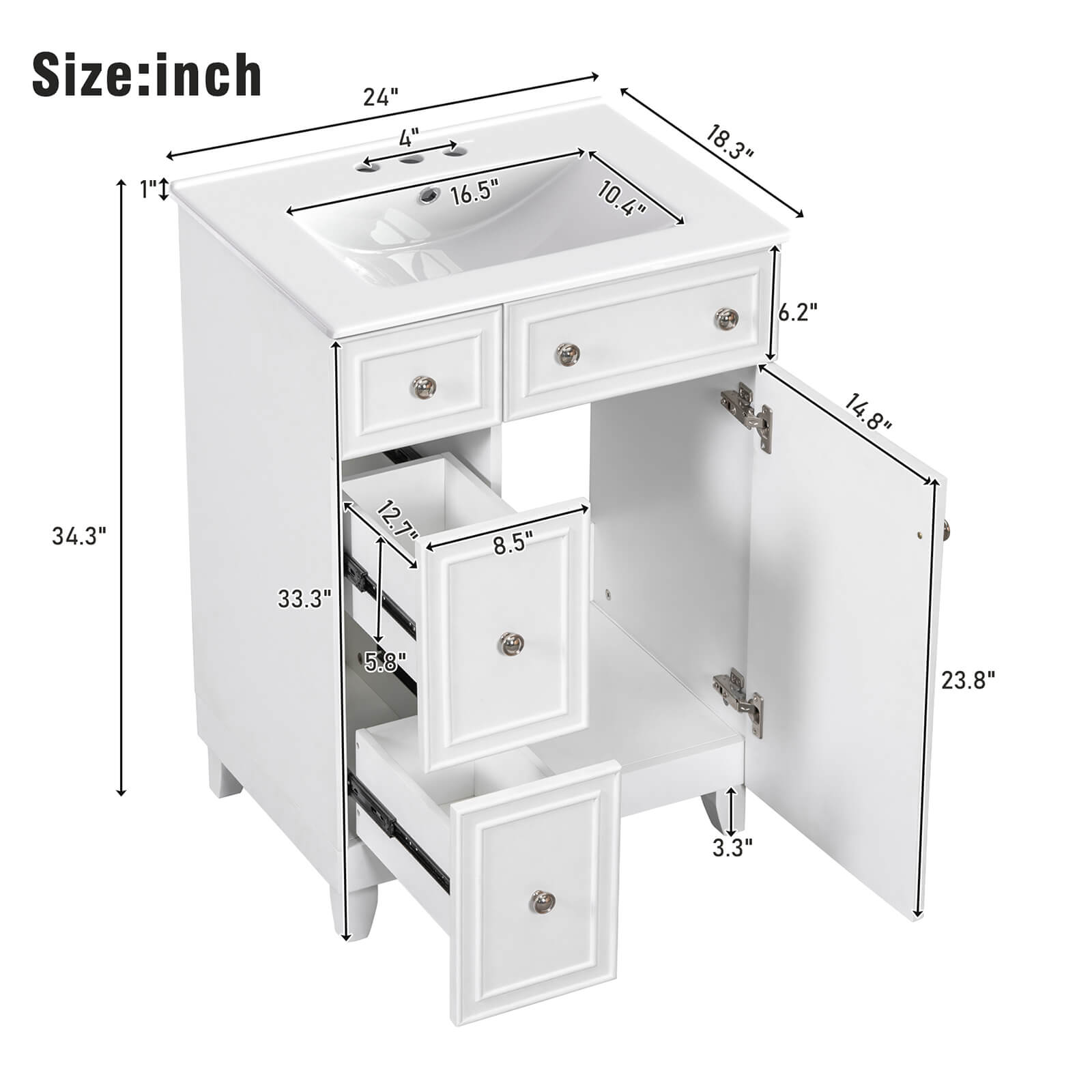 Overall dimensions specifications for a 24 inch small white bathroom vanity with 2 drawers