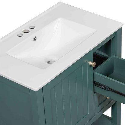 Overall view of the deep green freestanding vanity in a modern bathroom.