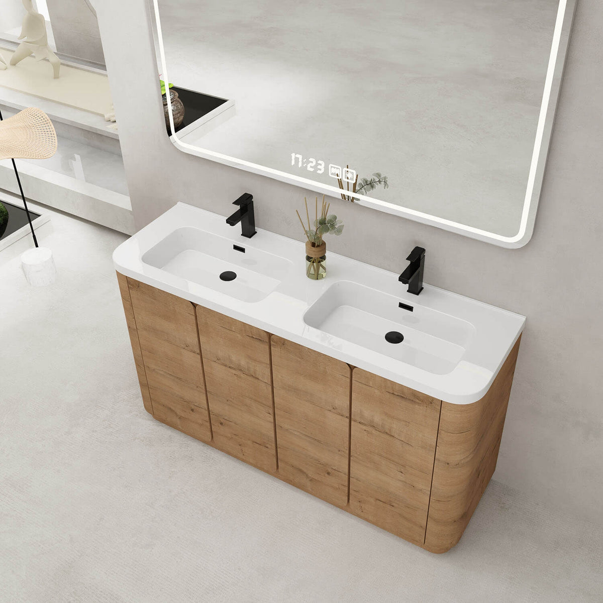 Overhead view of the freestanding white oak bathroom vanity with rounded corners