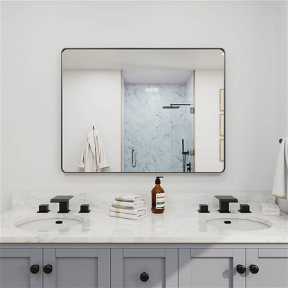 Oversized black framed rectangular bathroom mirror for double vanity