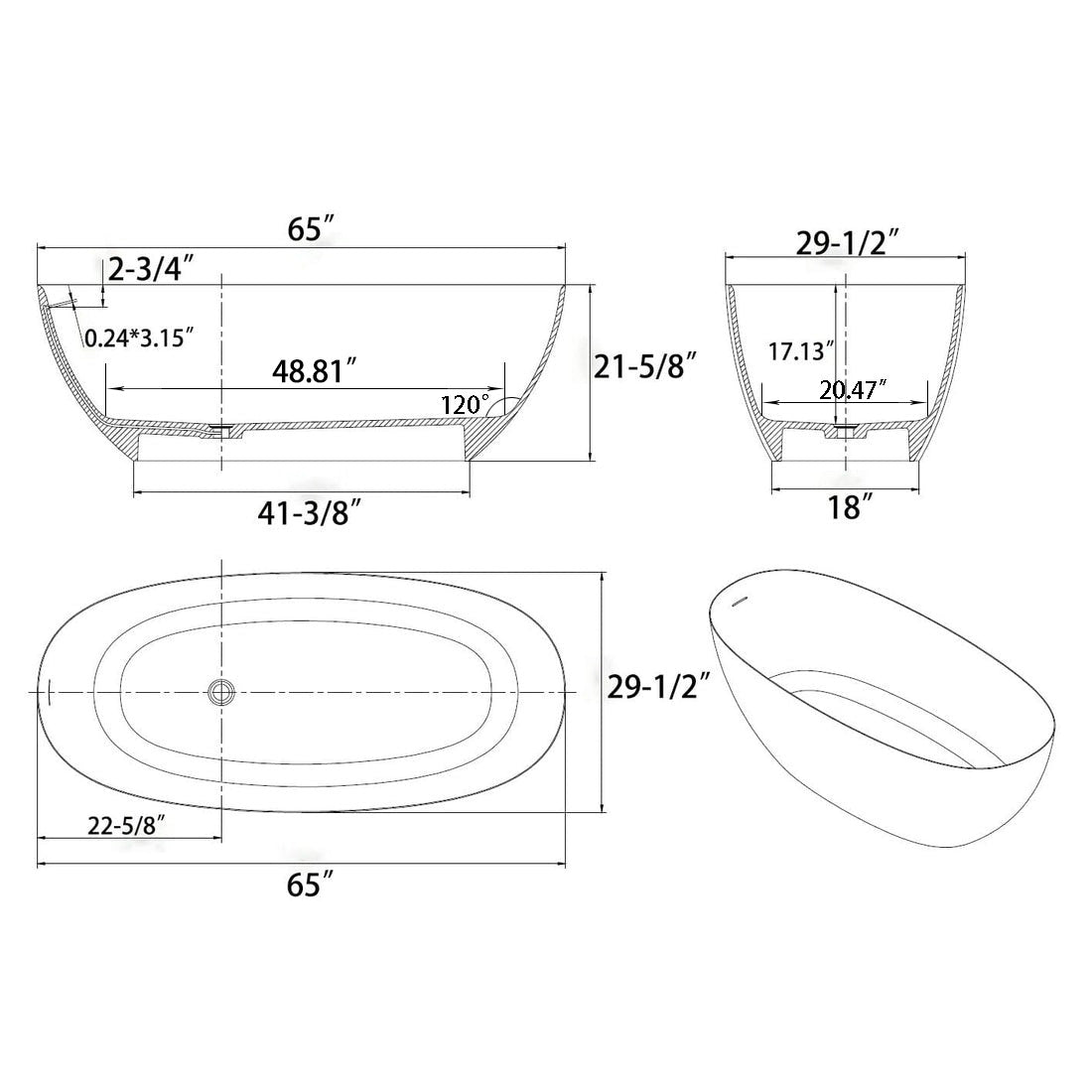 Overall size description of modern oval freestanding bathtub with white inside and black outside