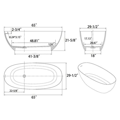 Matte Gray 65&quot; Modern Oval Bathtub Overall Dimensions