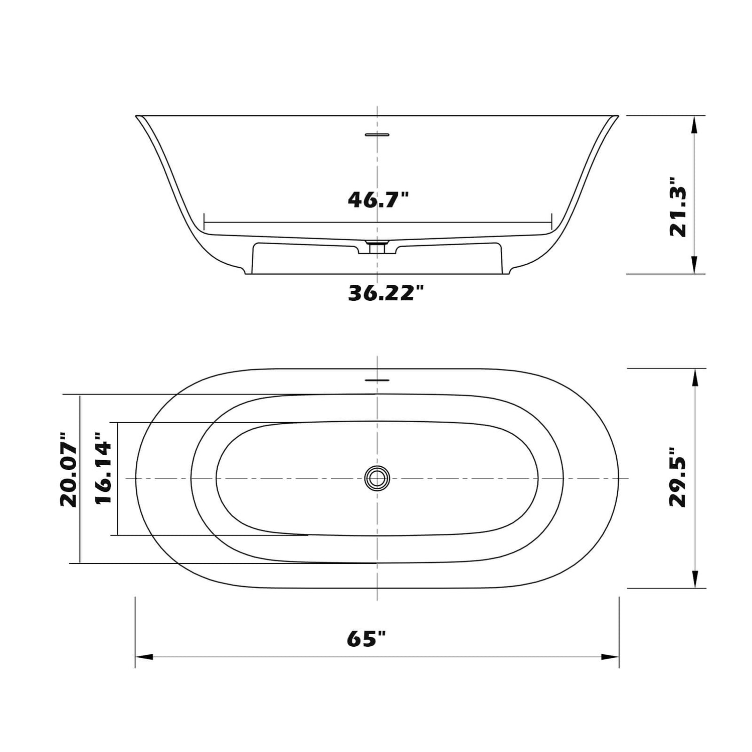 PO1010 65W bathtub dimensions and specifications sketch