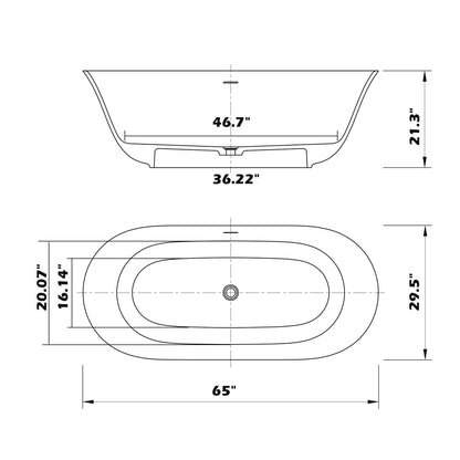 PO1010 65W bathtub dimensions and specifications sketch