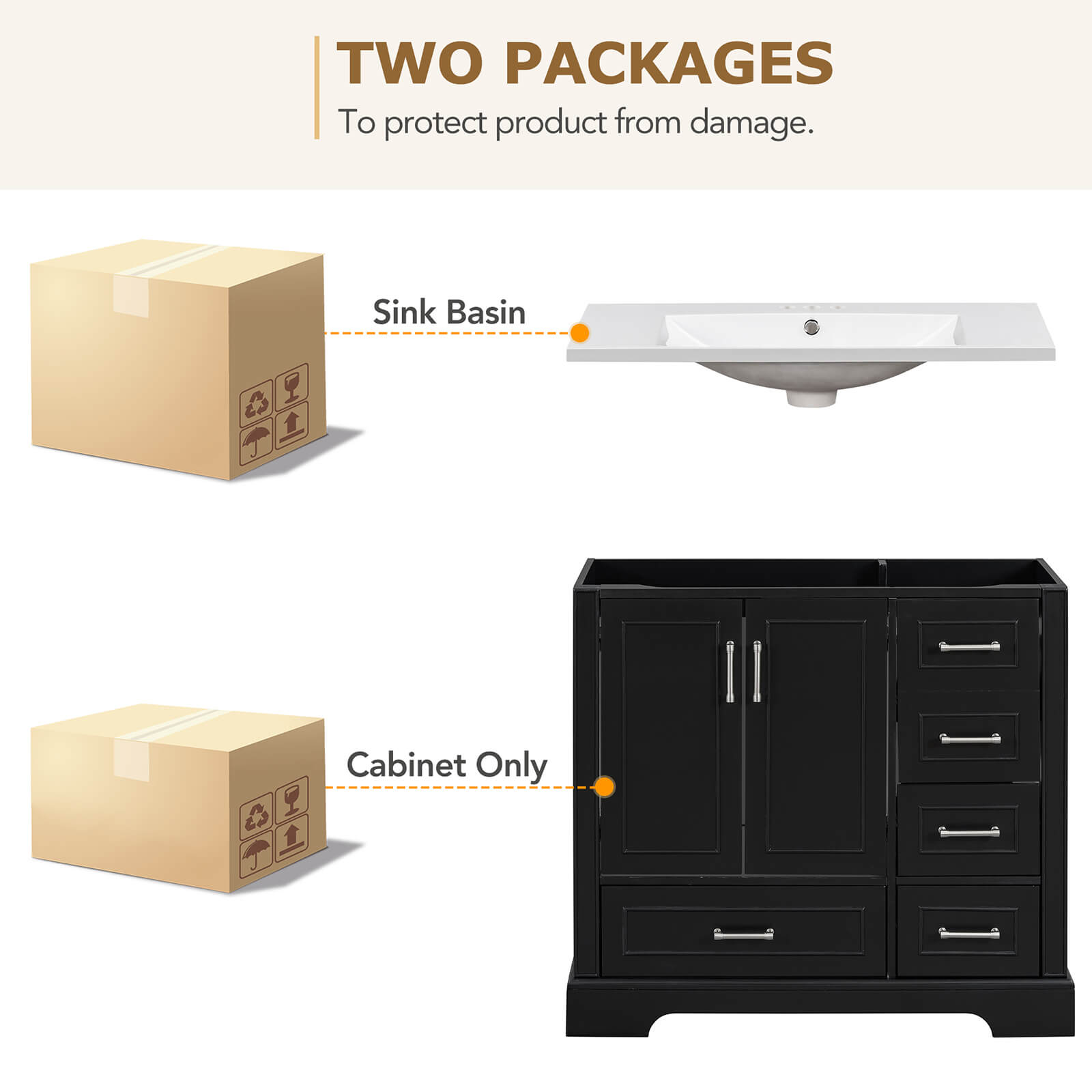 Package Diagram for 36 inch Traditional Black Bathroom Vanity with Resin Sink