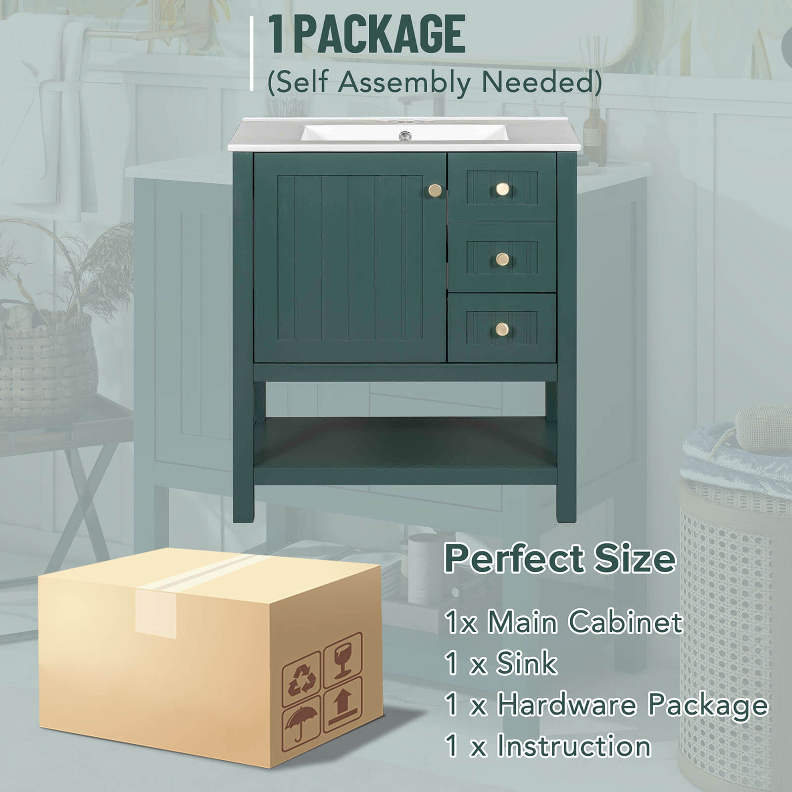 Package drawing of 30 inch dark green freestanding bathroom vanity with open shelves