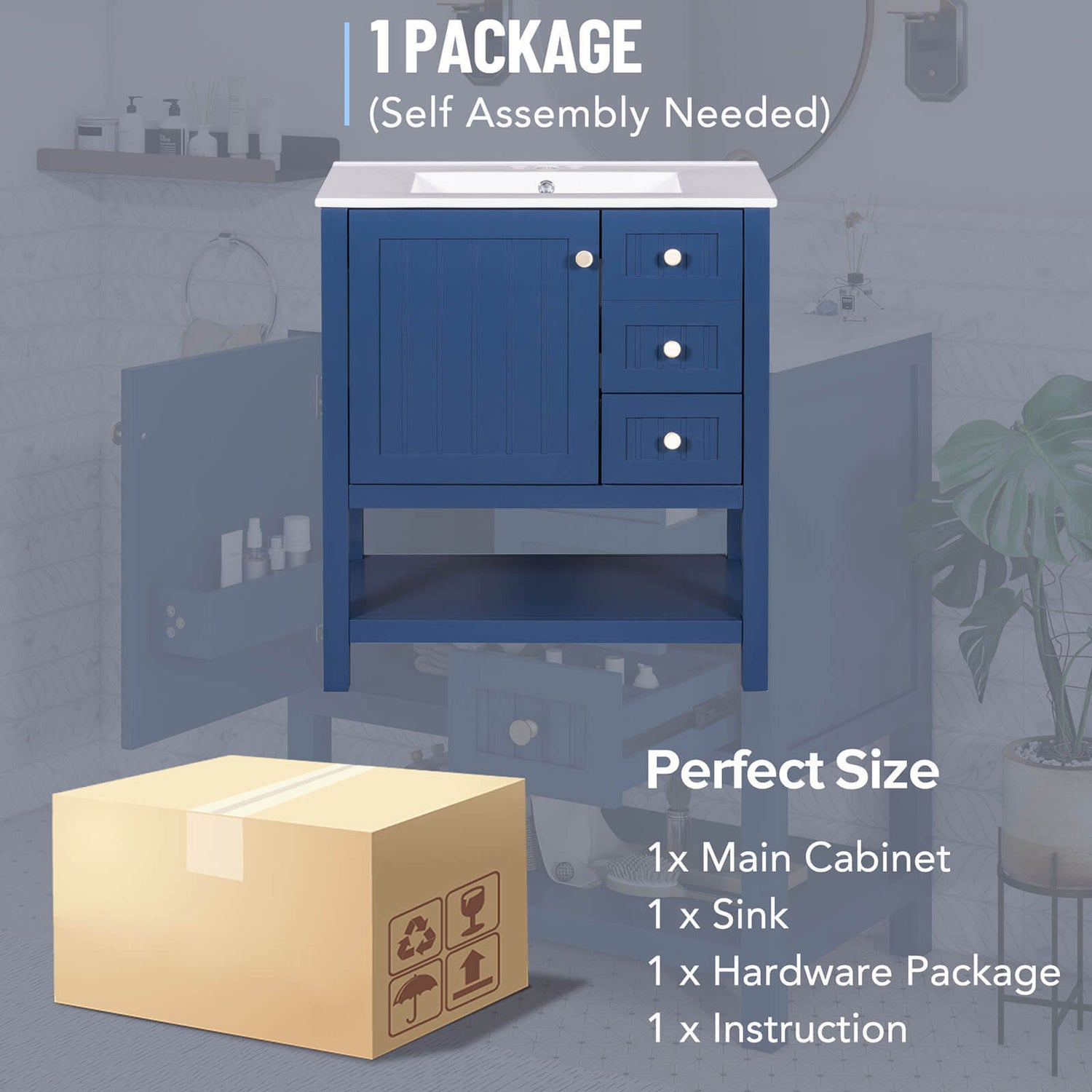 Package drawing of navy blue freestanding bathroom vanity with open shelves 30 inches
