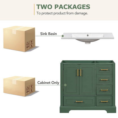 Package image of 36 inch traditional green bathroom vanity with resin sink