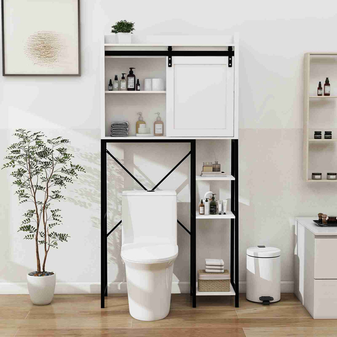 White Bathroom Over Toilet Storage with Sliding Barn Door, Adjustable Shelves, Side Rack