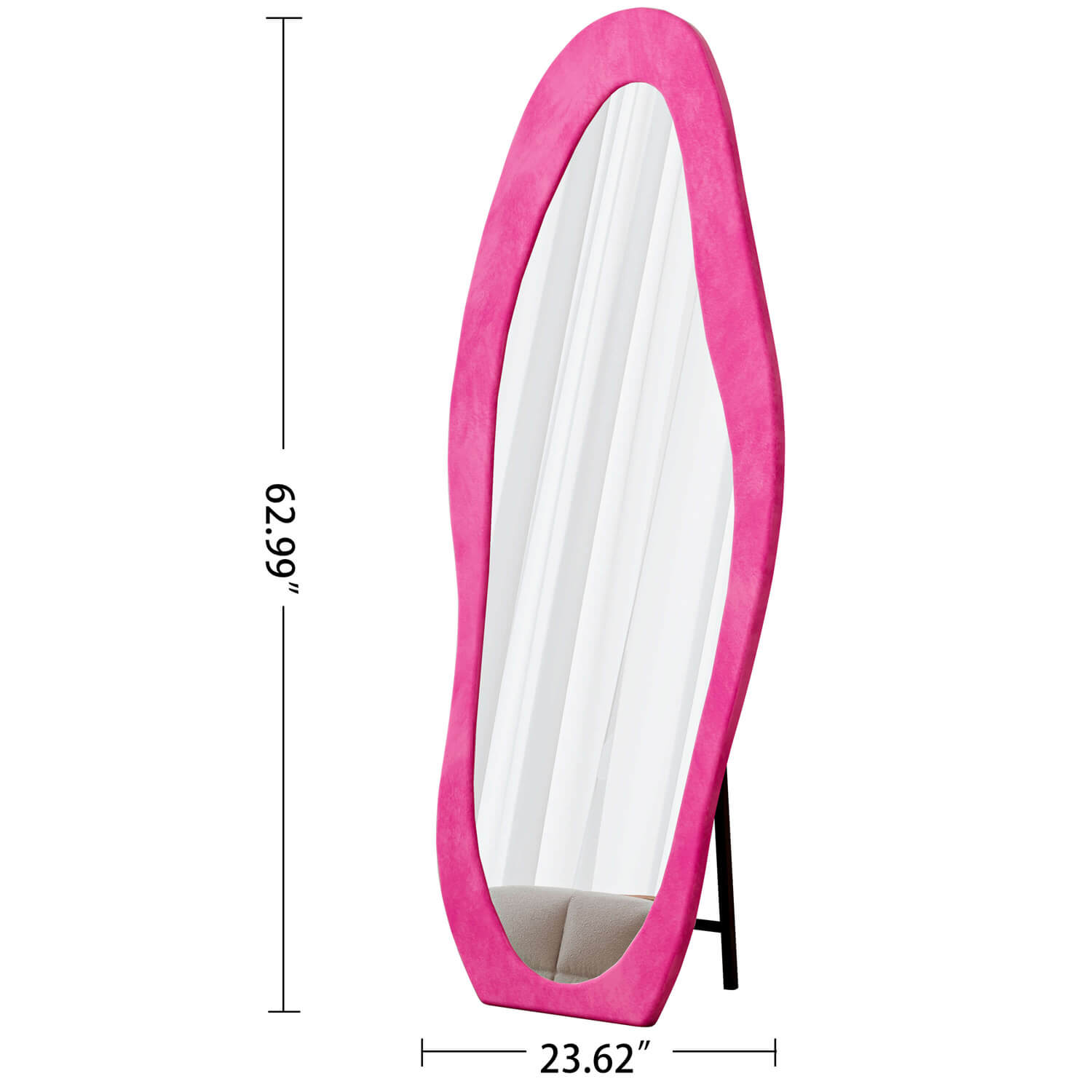 Pink flannel-wrapped organic mirror 62.9 x 23.62 inches dimension view