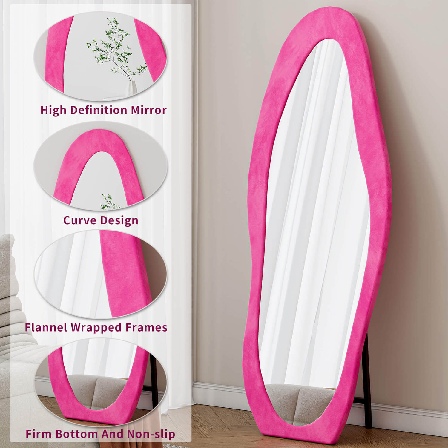 Pink organic mirror with HD glass flannel frame and non-slip base