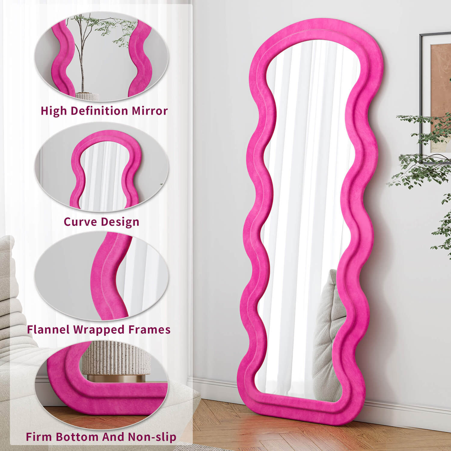 Pink wavy flannel mirror with HD glass and flannel wrapped frame