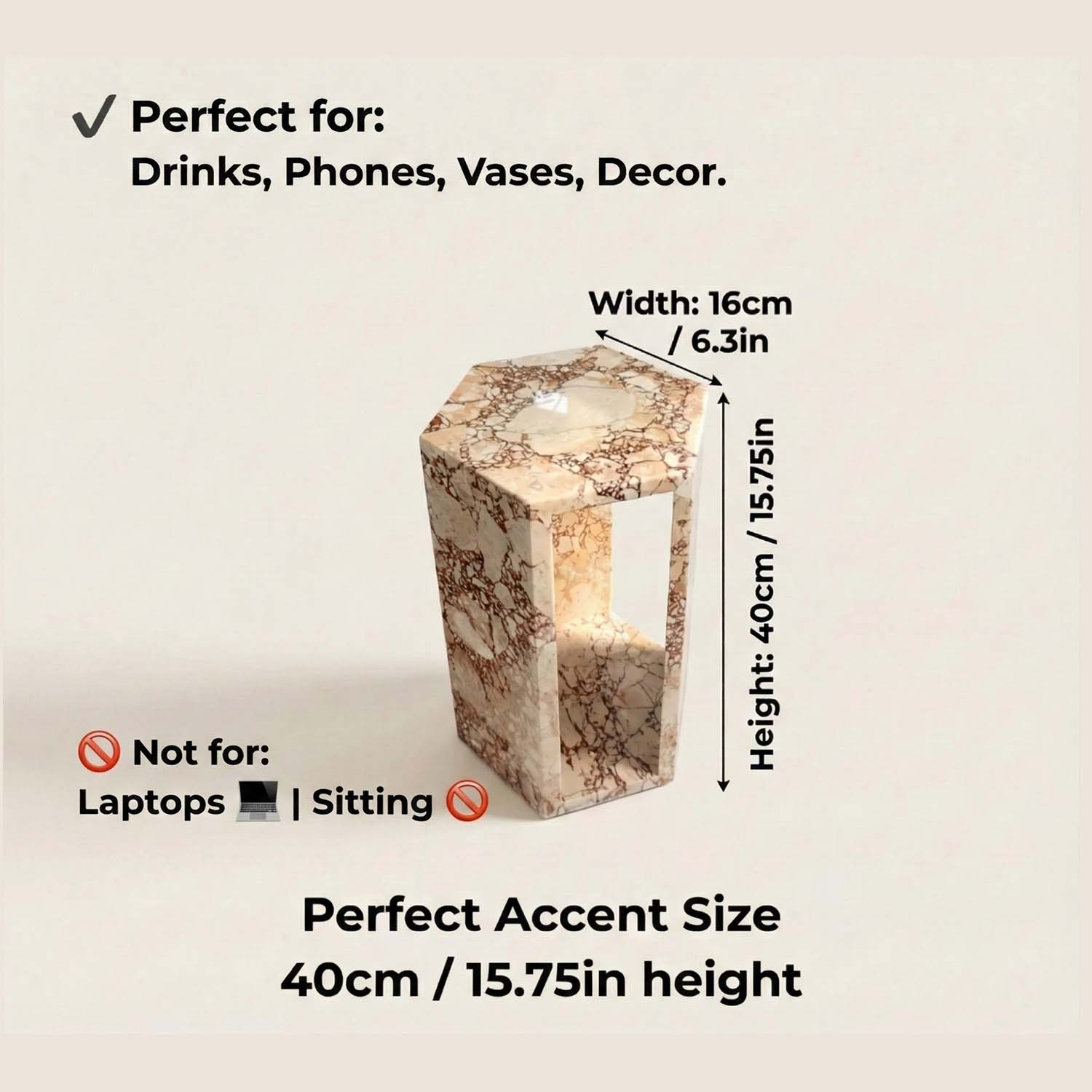 Luxury Real Marble Pink Side Table Hexagon Shape End Table for Living Room, Bedroom &amp; Small Spaces