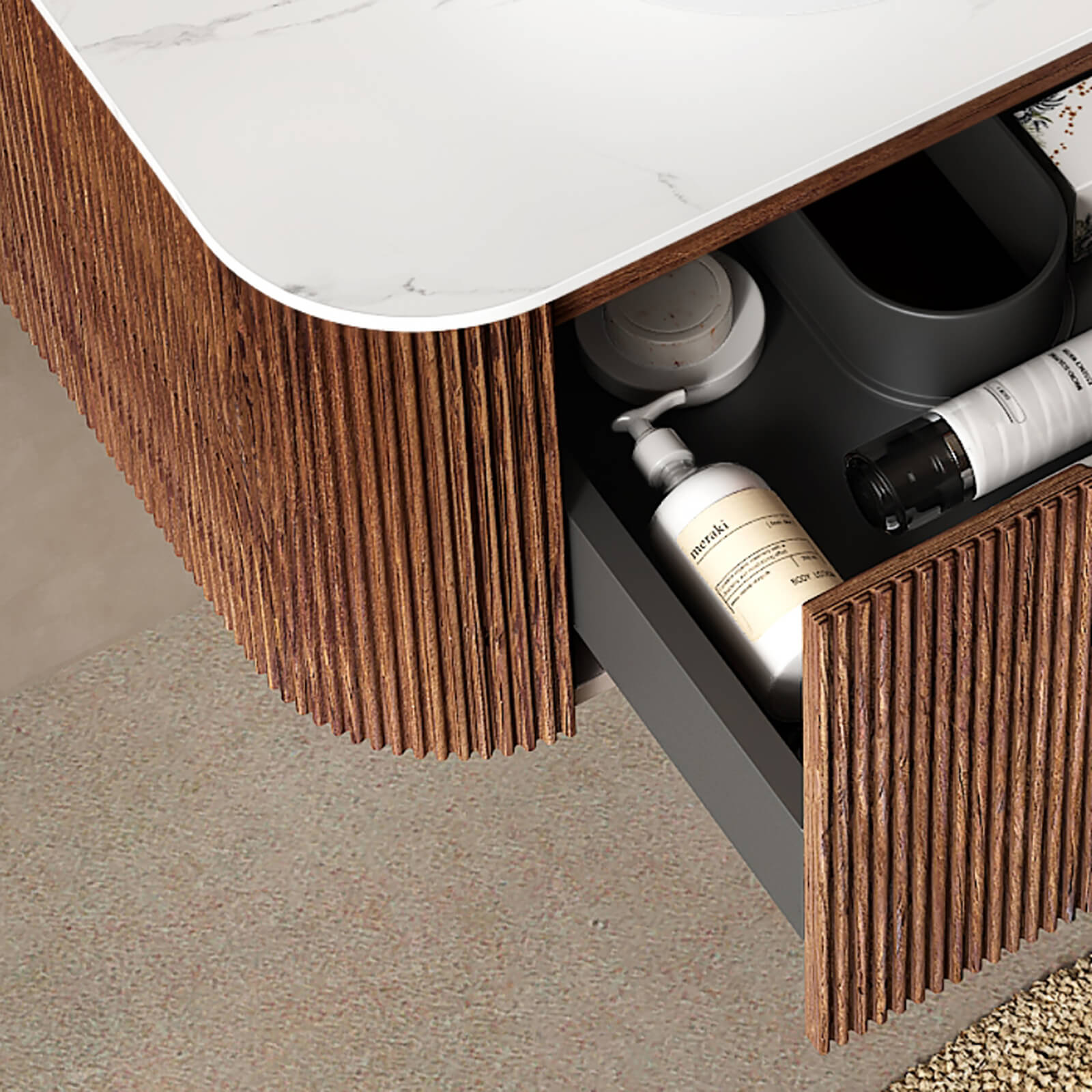36" Walnut Bathroom Vanity with Stone-Veined Vessel Sink