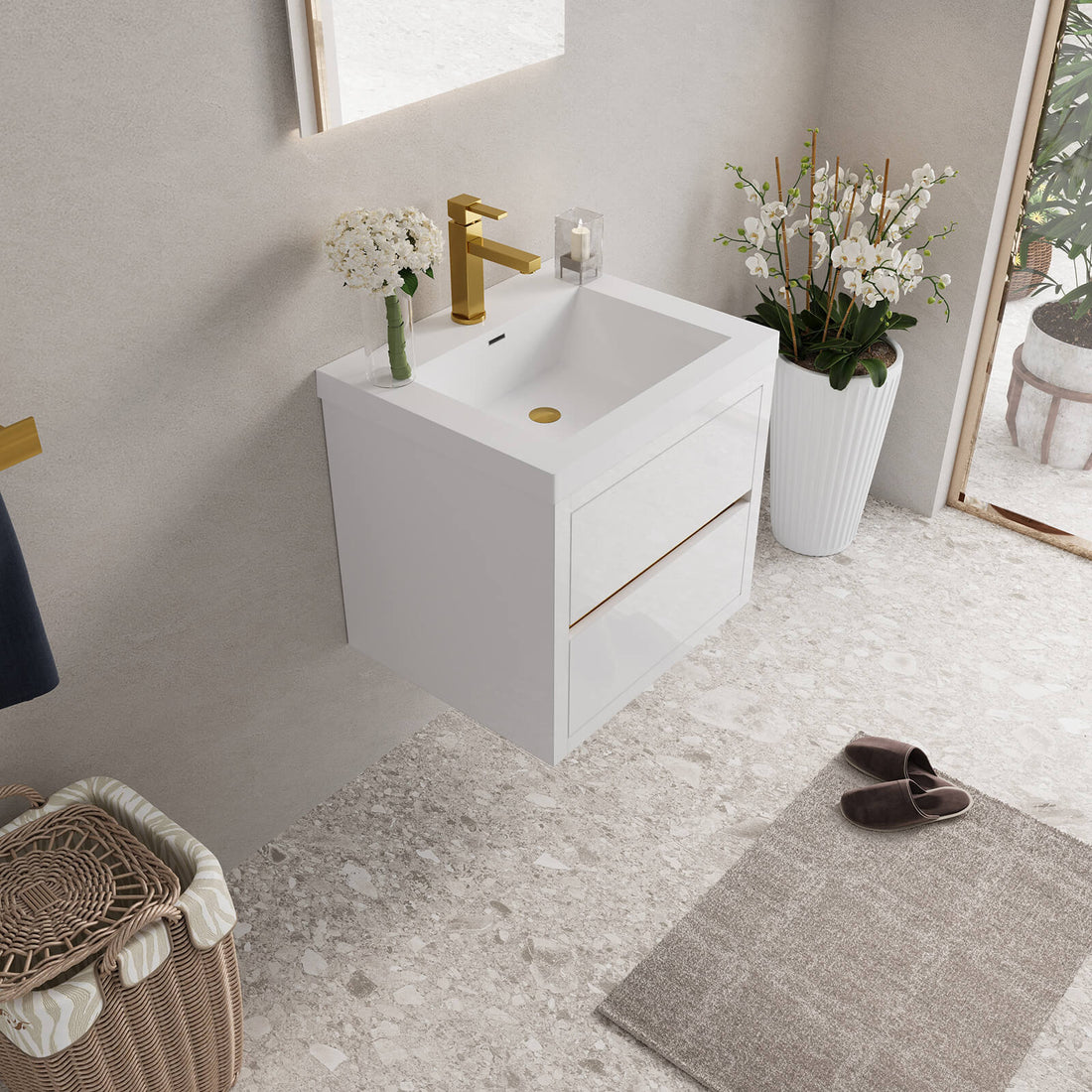 24" Modern Floating Single-Sink Vanity with Gold Accents