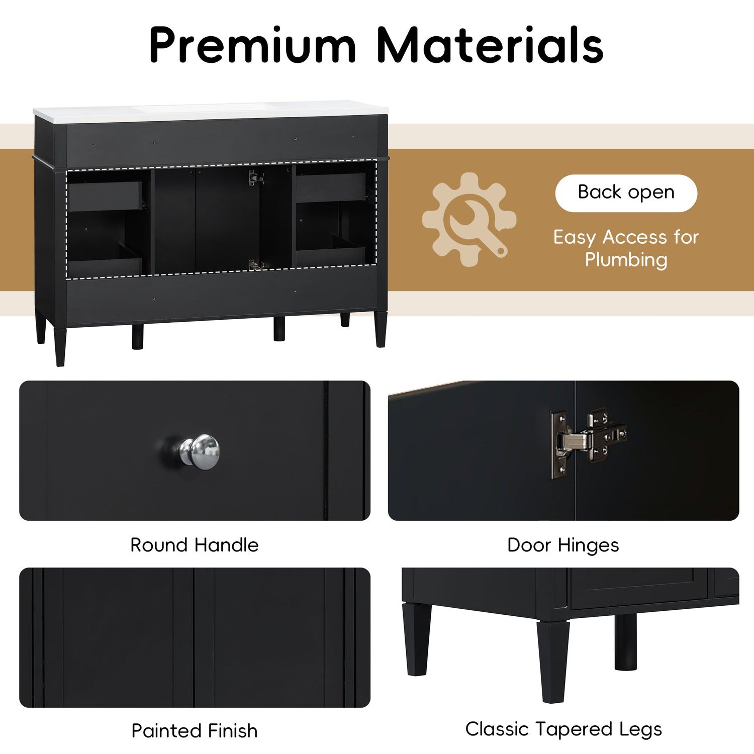 Premium Materials Black 48 inch Bathroom Vanity Construction and Hardware Details