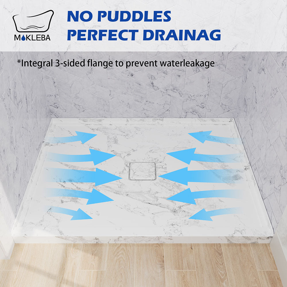 Preventing water leakage with integrated 3-sided tile flange on 48x36 alcove shower pan