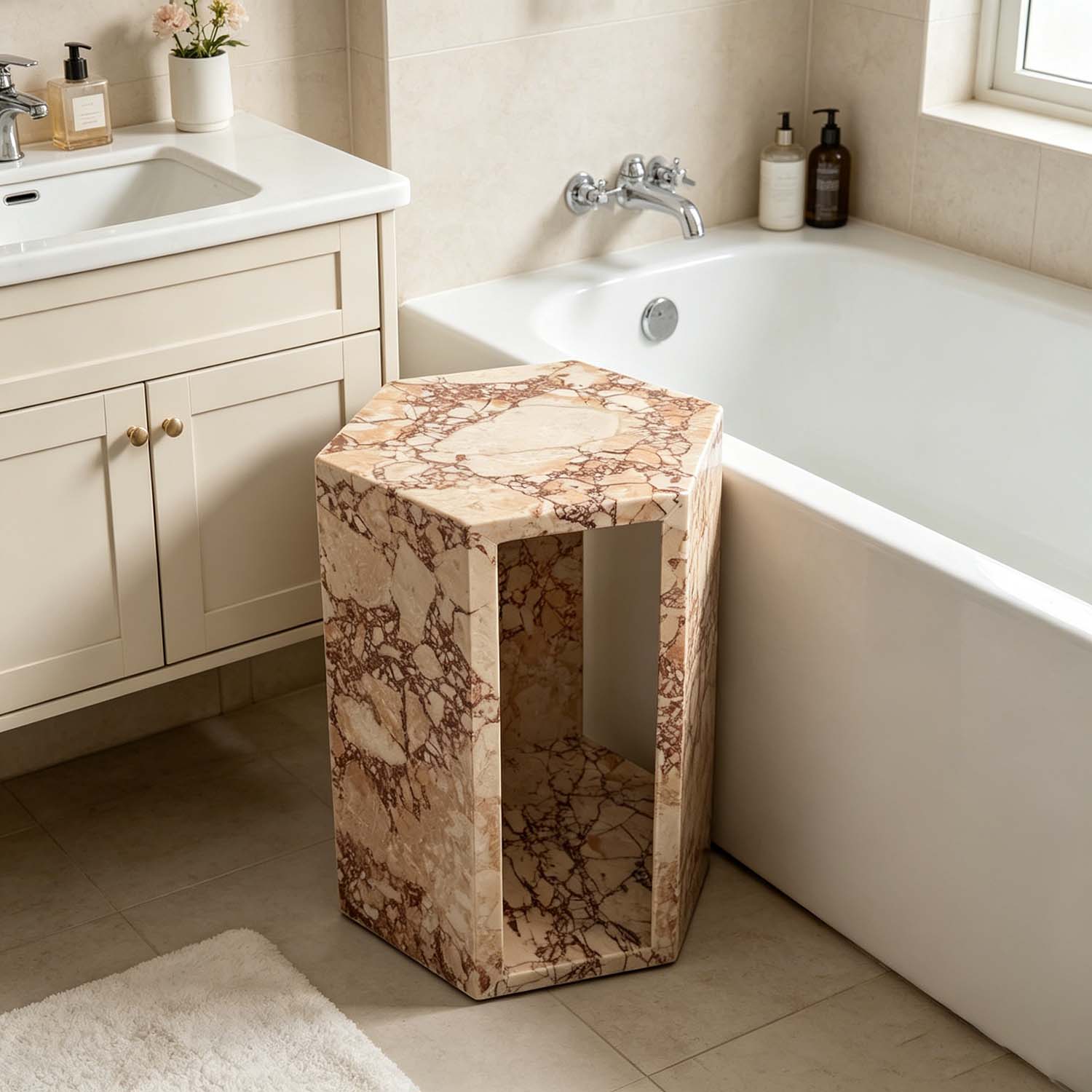 Luxury Real Marble Pink Side Table Hexagon Shape End Table for Living Room, Bedroom &amp; Small Spaces