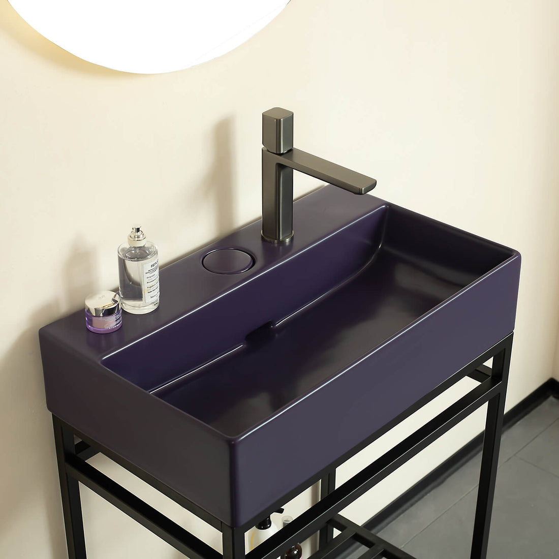 Purple vanity sink with right side faucet hole and push drain