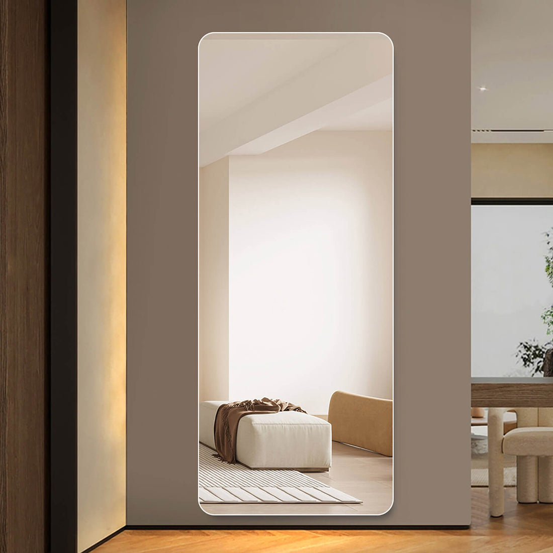 Recessed frameless full length mirror for modern minimalist entryway