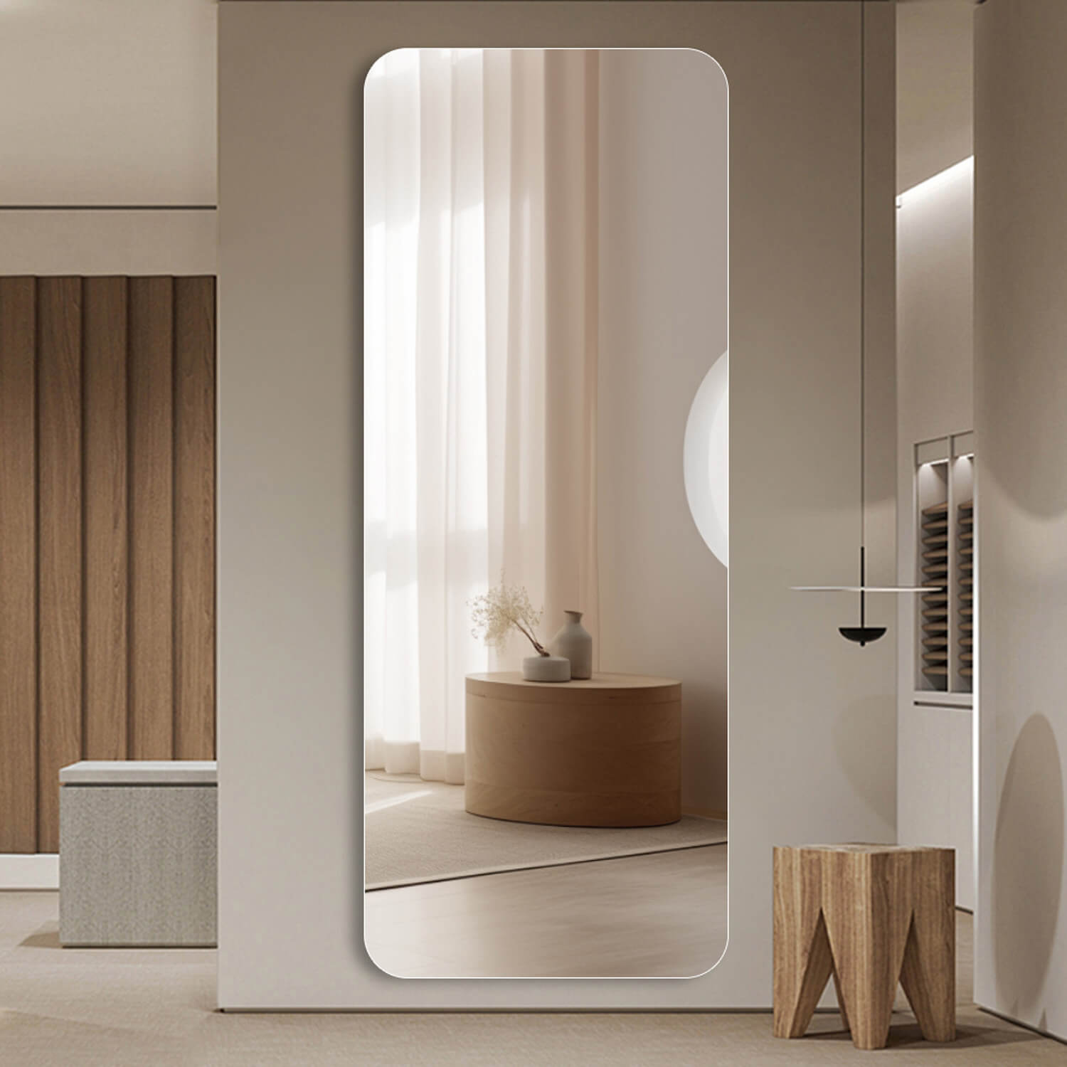 Recessed frameless mirror for Japandi minimalist entryway