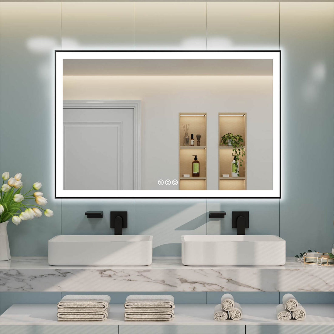 Rectangular LED bathroom mirror for double sink with bottom-middle touch controls