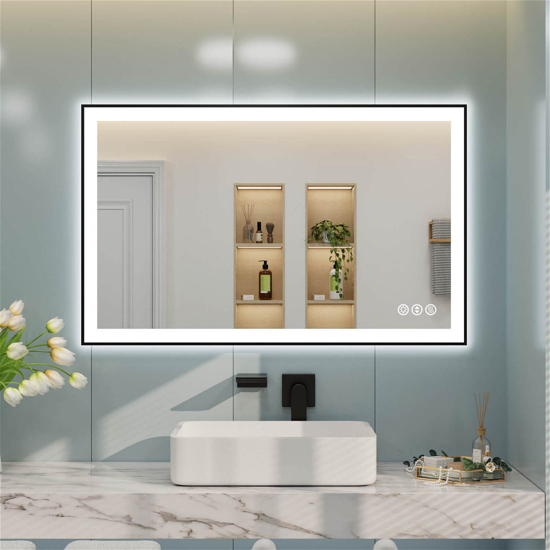 Rectangular LED bathroom mirror with black frame and bottom-right touch controls