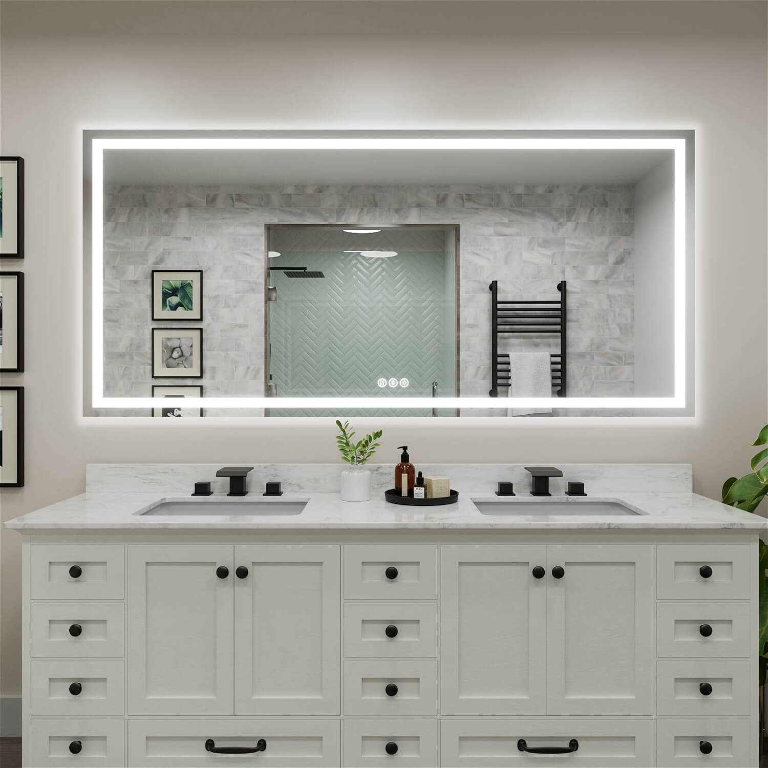 Rectangular LED bathroom mirror with edge lighting and touch control buttons at the bottom center