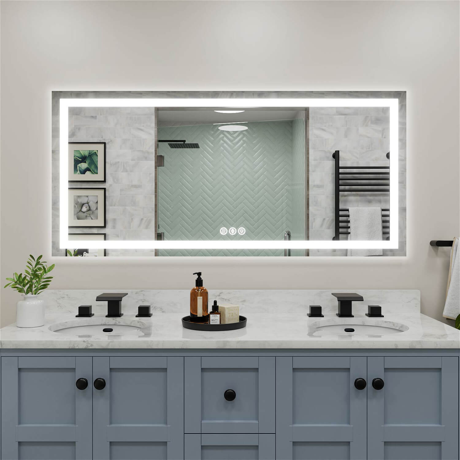 Rectangular LED bathroom mirror with glowing edge and touch control buttons at the bottom center
