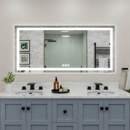 Rectangular LED bathroom mirror with glowing edge and touch control buttons at the bottom center