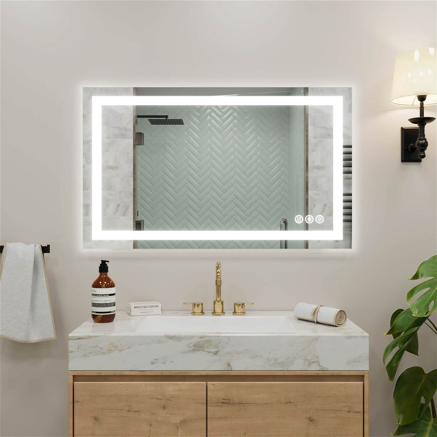 Rectangular LED bathroom mirror with glowing edge and touch control points