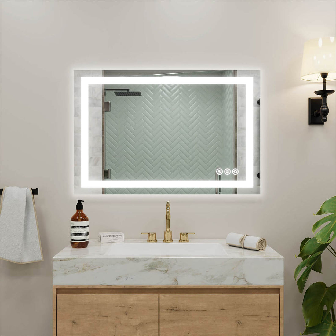 Rectangular LED bathroom mirror with glowing edge and touch control sensors